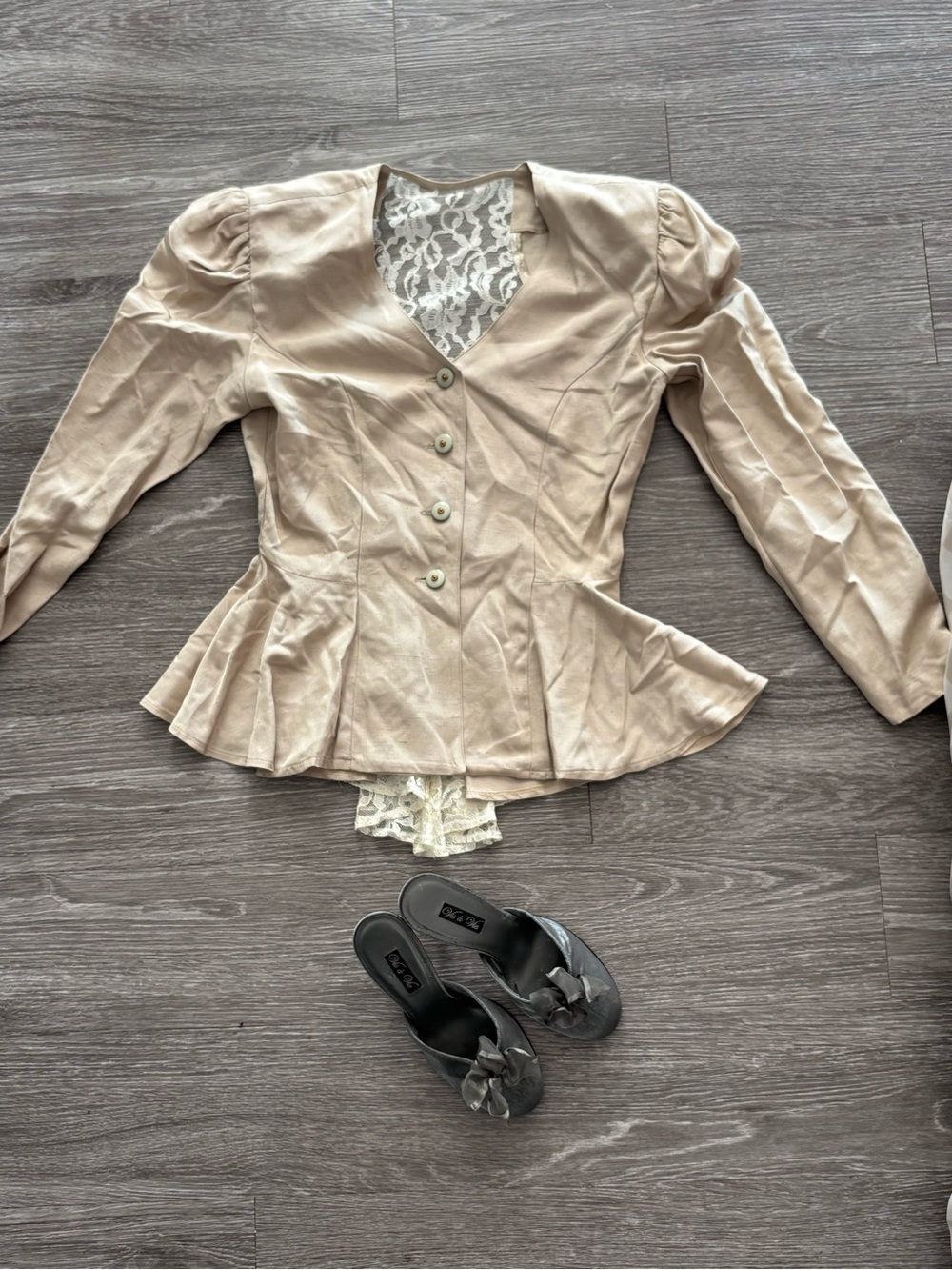 Beige Peplum Button-Front Jacket with Lace Trim